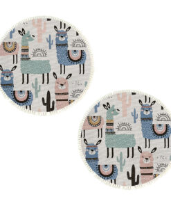 1-SOGA 2X 120cm Alpaca Cactus Pattern Rug Desert Animals Non-Slip Round Area Rugs for Living Room Dining Room