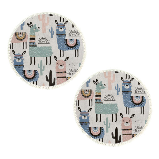 1-SOGA 2X 120cm Alpaca Cactus Pattern Rug Desert Animals Non-Slip Round Area Rugs for Living Room Dining Room