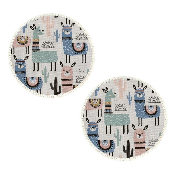 1-SOGA 2X 120cm Alpaca Cactus Pattern Rug Desert Animals Non-Slip Round Area Rugs for Living Room Dining Room