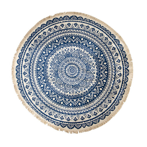 1-SOGA Dark Blue Carpet Soft Linen Bohemian Non-Slip Floor Retro Minimalist Round Rug Home Decor with Tassels