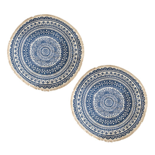 1-SOGA 2X Dark Blue Carpet Soft Linen Bohemian Non-Slip Floor Retro Minimalist Round Rug Home Decor with Tassels