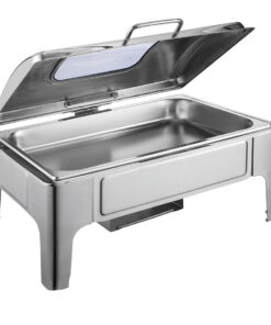 1-SOGA 9L Rectangular Stainless Steel Soup Warmer Roll Top Chafer Chafing Dish Set with Glass Visual Window Lid