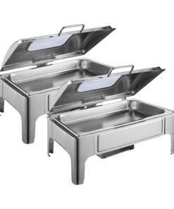 1-SOGA 2X 9L Rectangular Stainless Steel Soup Warmer Roll Top Chafer Chafing Dish Set with Glass Visual Window Lid