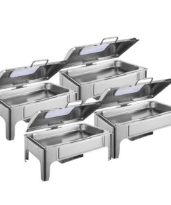 1-SOGA 4X 9L Rectangular Stainless Steel Soup Warmer Roll Top Chafer Chafing Dish Set with Glass Visual Window Lid