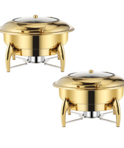 1-SOGA 2X Gold Plated Stainless Steel Round Chafing Dish Tray Buffet Cater Food Warmer Chafer with Top Lid