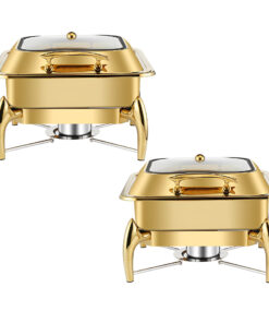 1-SOGA 2X Gold Plated Stainless Steel Square Chafing Dish Tray Buffet Cater Food Warmer Chafer with Top Lid