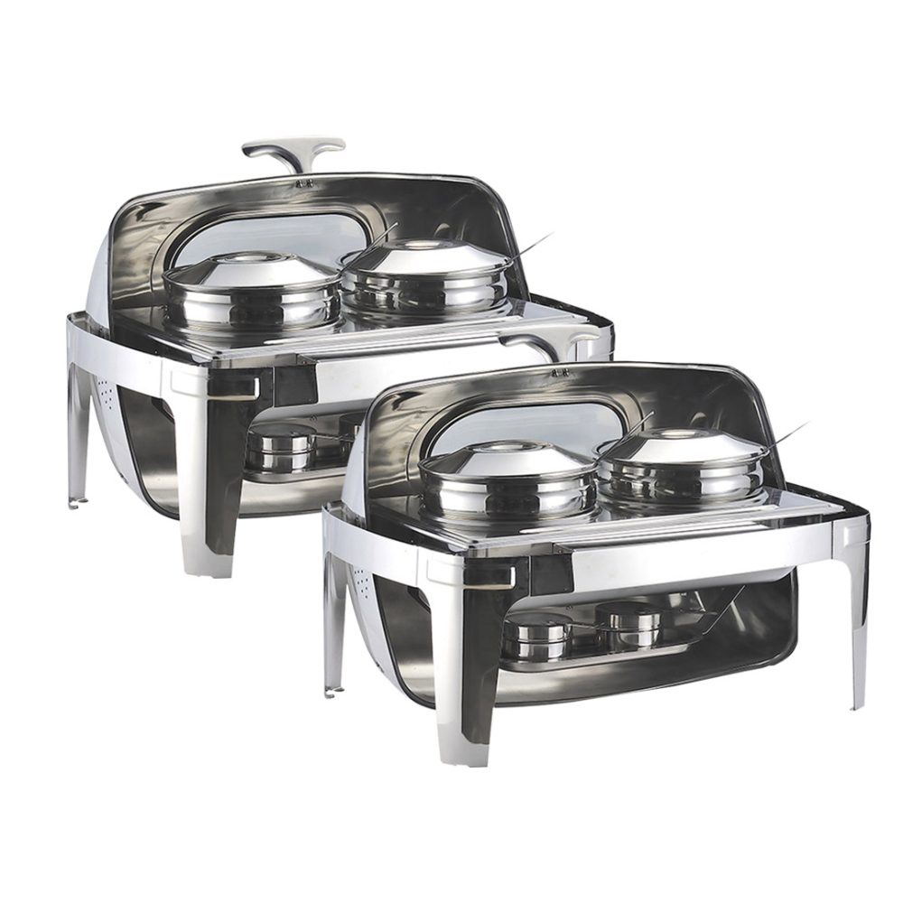 1-SOGA 2X 6.5L Stainless Steel Double Soup Tureen Bowl Station Roll Top Buffet Chafing Dish Catering Chafer Food Warmer Server