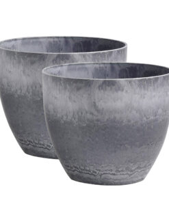 1-SOGA 2X 32cm Weathered Grey Round Resin Plant Flower Pot in Cement Pattern Planter Cachepot for Indoor Home Office