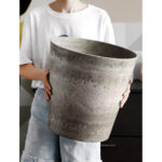 5-SOGA 27cm Rock Grey Round Resin Plant Flower Pot in Cement Pattern Planter Cachepot for Indoor Home Office