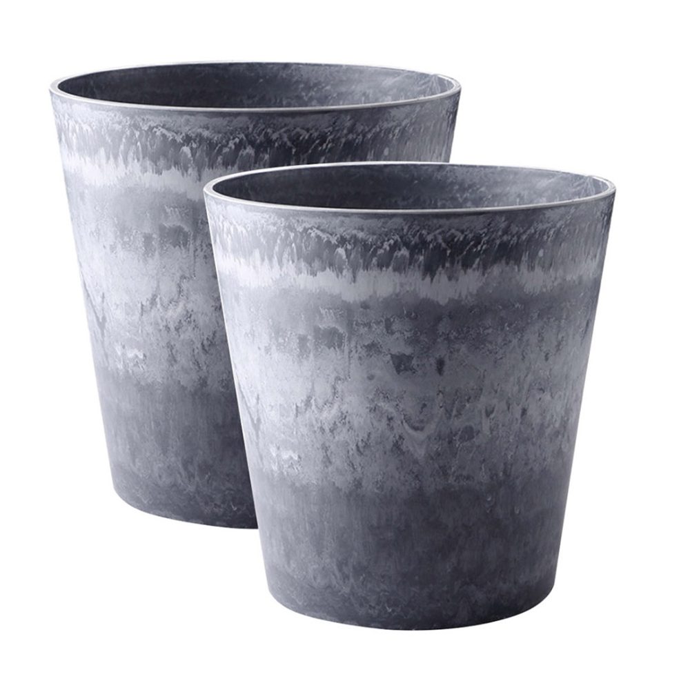 1-SOGA 2X 32cm Weathered Grey Round Resin Plant Flower Pot in Cement Pattern Planter Cachepot for Indoor Home Office