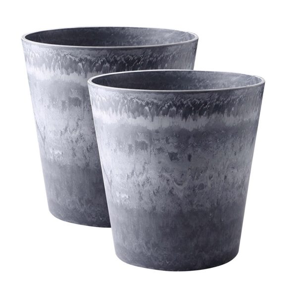 1-SOGA 2X 32cm Weathered Grey Round Resin Plant Flower Pot in Cement Pattern Planter Cachepot for Indoor Home Office
