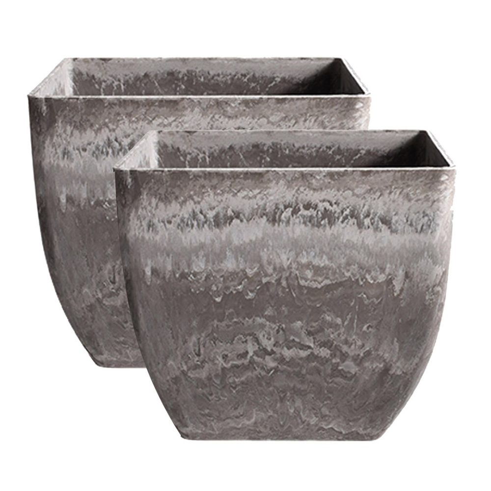1-SOGA 2X 27cm Rock Grey Square Resin Plant Flower Pot in Cement Pattern Planter Cachepot for Indoor Home Office