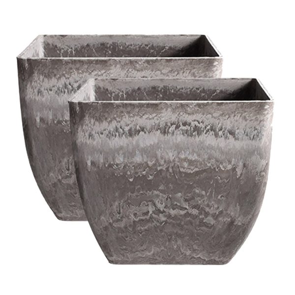 1-SOGA 2X 27cm Rock Grey Square Resin Plant Flower Pot in Cement Pattern Planter Cachepot for Indoor Home Office