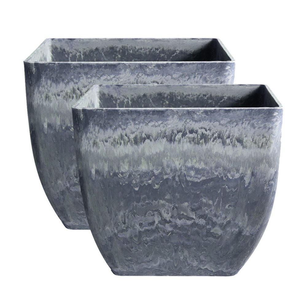 1-SOGA 2X 27cm Weathered Grey Square Resin Plant Flower Pot in Cement Pattern Planter Cachepot for Indoor Home Office