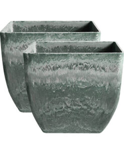 1-SOGA 2X 32cm Green Grey Square Resin Plant Flower Pot in Cement Pattern Planter Cachepot for Indoor Home Office