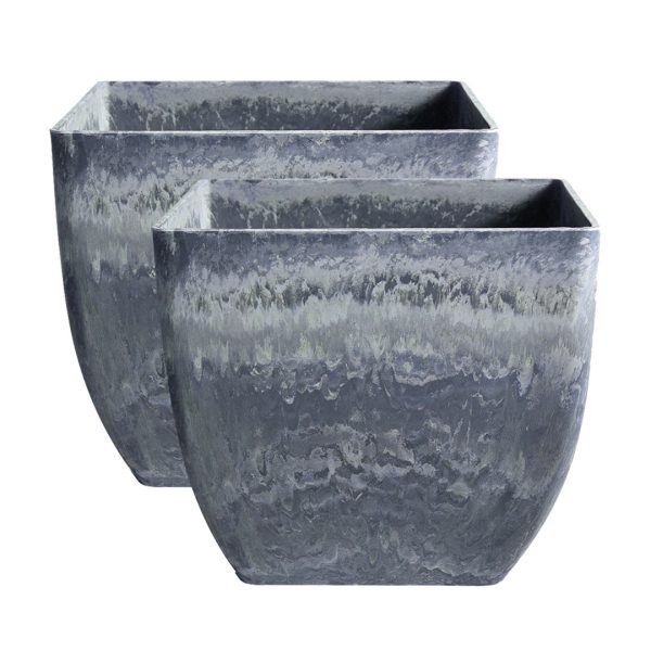 1-SOGA 2X 32cm Weathered Grey Square Resin Plant Flower Pot in Cement Pattern Planter Cachepot for Indoor Home Office