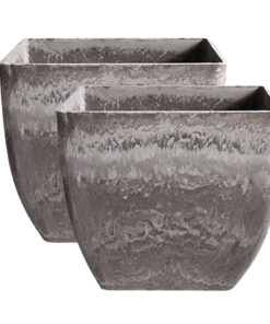 1-SOGA 2X 32cm Rock Grey Square Resin Plant Flower Pot in Cement Pattern Planter Cachepot for Indoor Home Office