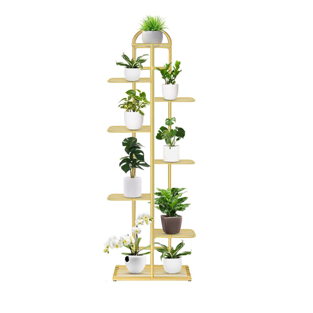 1-SOGA 8 Tier 9 Pots Gold Metal Plant Stand Flowerpot Display Shelf Rack Indoor Home Office Decor