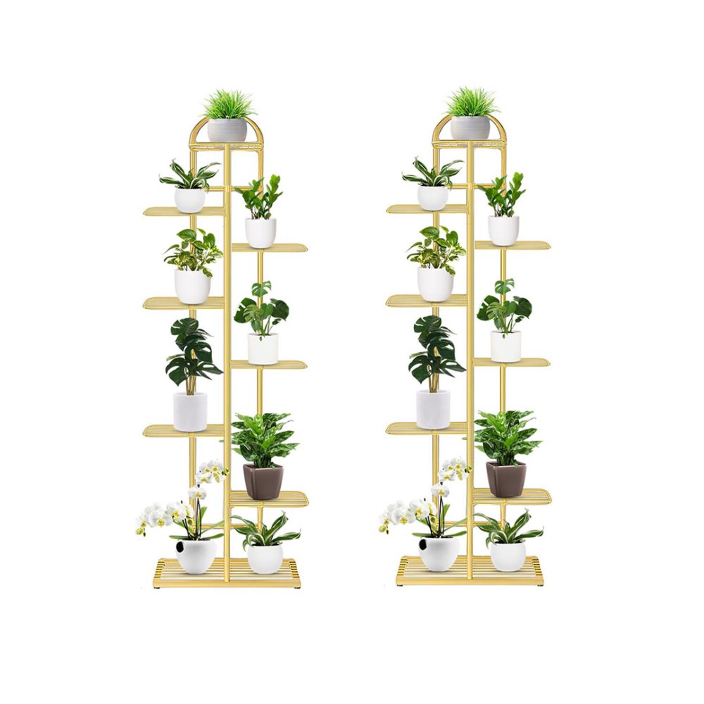 1-SOGA 2X 8 Tier 9 Pots Gold Metal Plant Stand Flowerpot Display Shelf Rack Indoor Home Office Decor