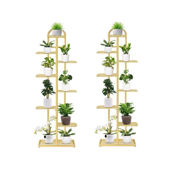 1-SOGA 2X 8 Tier 9 Pots Gold Metal Plant Stand Flowerpot Display Shelf Rack Indoor Home Office Decor