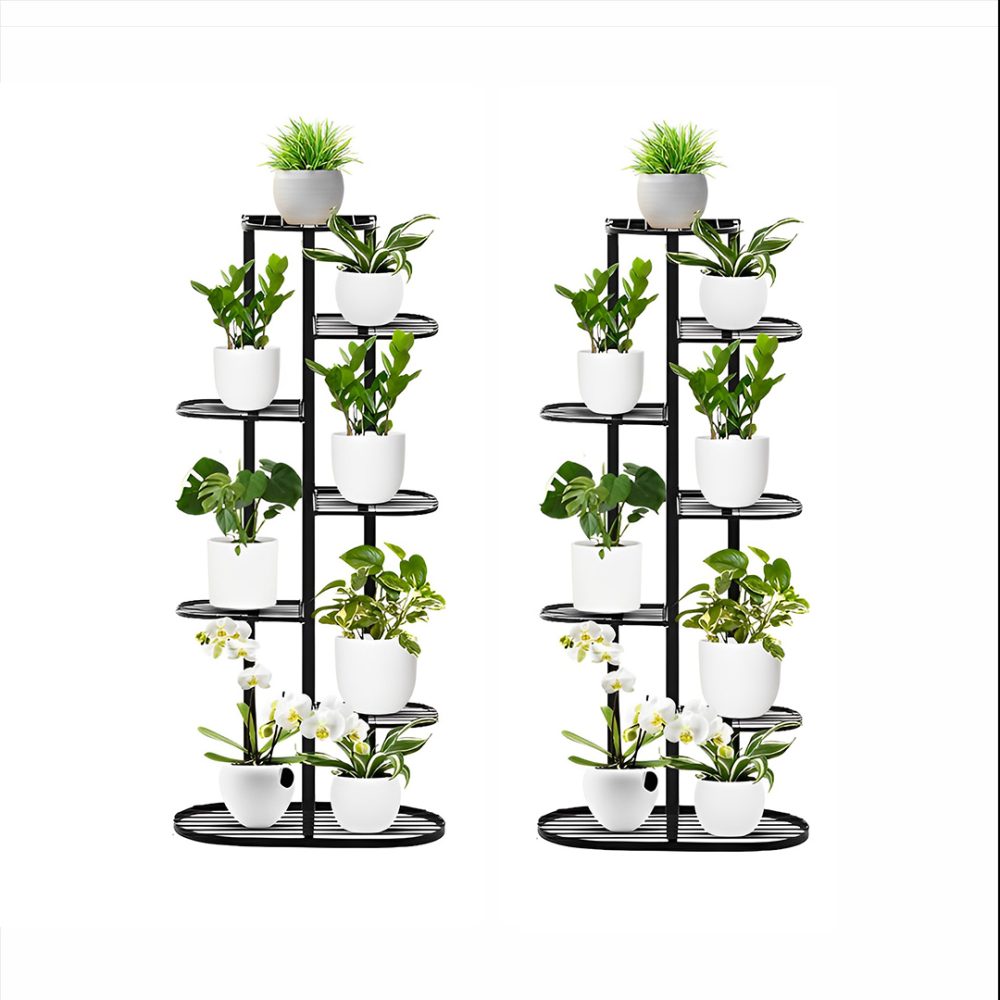 1-SOGA 2X 7 Tier 8 Pots Black Metal Plant Rack Flowerpot Storage Display Stand Holder Home Garden Decor