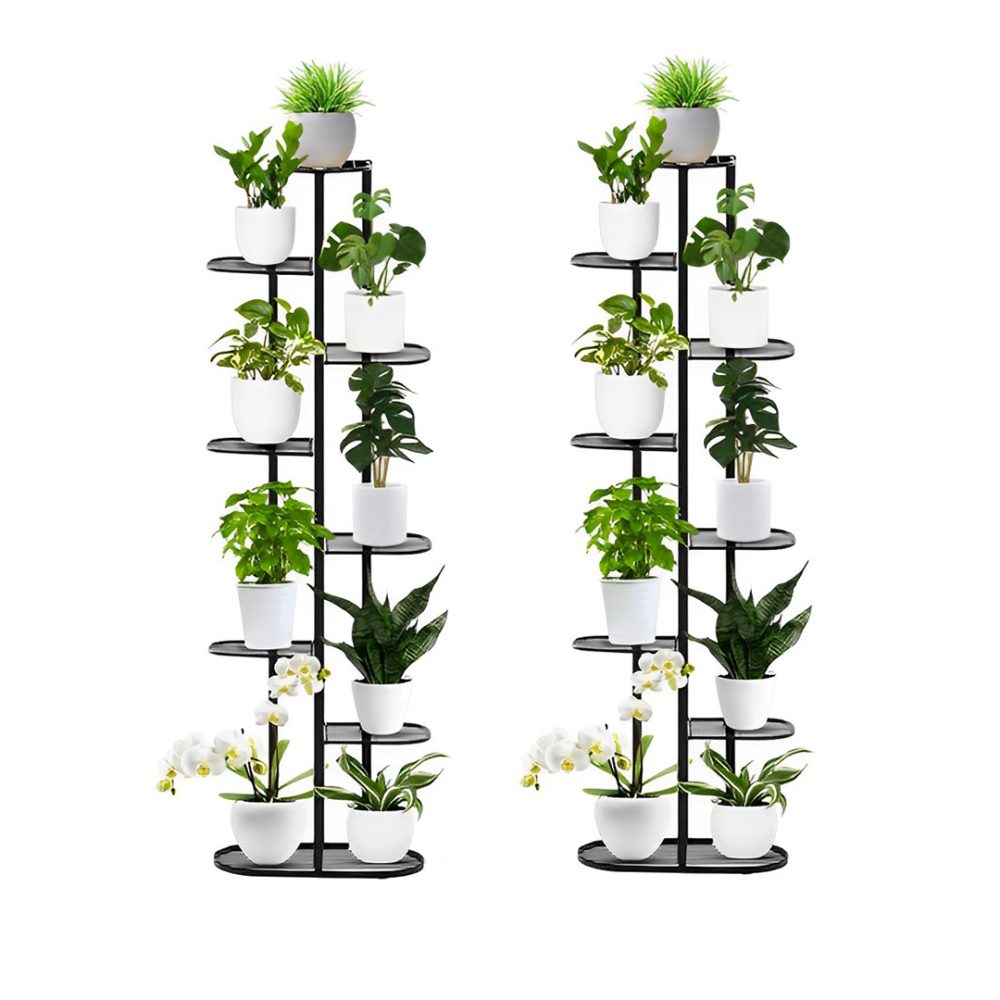 1-SOGA 2X 8 Tier 9 Pots Black Metal Plant Rack Flowerpot Storage Display Stand Holder Home Garden Decor