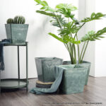 4-SOGA 27cm Green Grey Square Resin Plant Flower Pot in Cement Pattern Planter Cachepot for Indoor Home Office