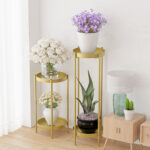 4-SOGA 2 Layer 50cm Gold Metal Plant Stand Flower Pot Holder Corner Shelving Rack Indoor Display