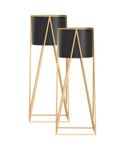 1-SOGA 2X 50cm Gold Metal Plant Stand with Black Flower Pot Holder Corner Shelving Rack Indoor Display
