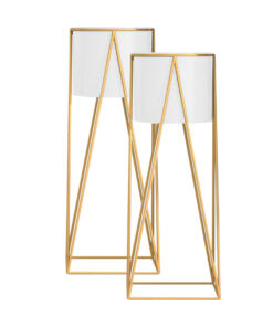 1-SOGA 2X 50cm Gold Metal Plant Stand with White Flower Pot Holder Corner Shelving Rack Indoor Display