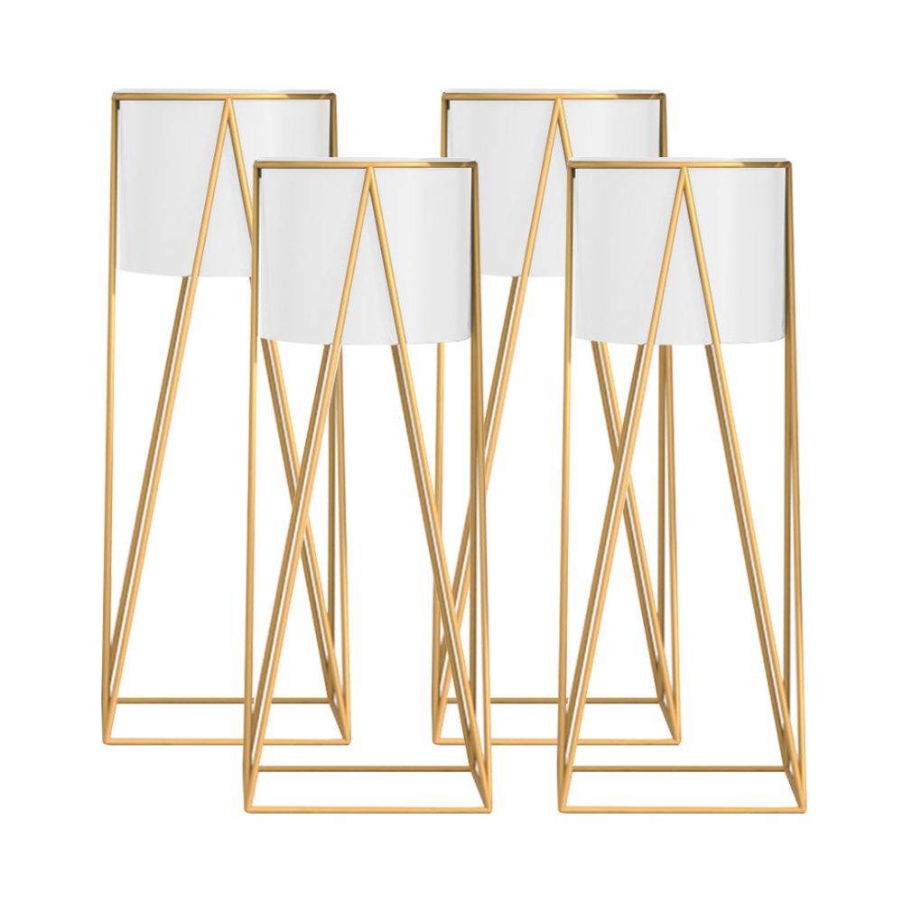 1-SOGA 4X 50cm Gold Metal Plant Stand with White Flower Pot Holder Corner Shelving Rack Indoor Display
