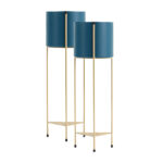 1-SOGA 2X 2 Layer 65cm Gold Metal Plant Stand with Blue Flower Pot Holder Corner Shelving Rack Indoor Display