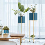3-SOGA 2X 2 Layer 65cm Gold Metal Plant Stand with Blue Flower Pot Holder Corner Shelving Rack Indoor Display
