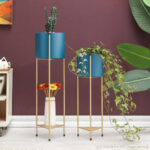 4-SOGA 2X 2 Layer 65cm Gold Metal Plant Stand with Blue Flower Pot Holder Corner Shelving Rack Indoor Display
