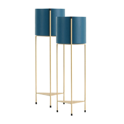 1-SOGA 2X 2 Layer 65cm Gold Metal Plant Stand with Blue Flower Pot Holder Corner Shelving Rack Indoor Display