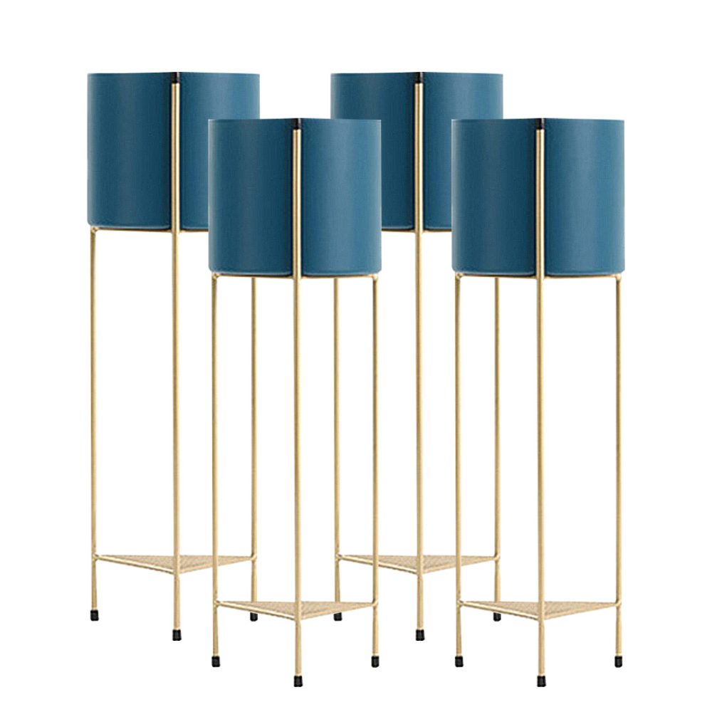 1-SOGA 4X 2 Layer 65cm Gold Metal Plant Stand with Blue Flower Pot Holder Corner Shelving Rack Indoor Display
