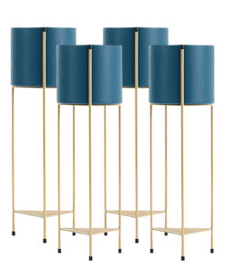 1-SOGA 4X 2 Layer 65cm Gold Metal Plant Stand with Blue Flower Pot Holder Corner Shelving Rack Indoor Display