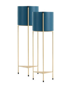 1-SOGA 2X 2 Layer 81cm Gold Metal Plant Stand with Blue Flower Pot Holder Corner Shelving Rack Indoor Display