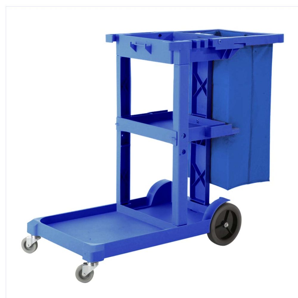 1-SOGA 3 Tier Multifunction Janitor Cleaning Waste Cart Trolley and Waterproof Bag Blue