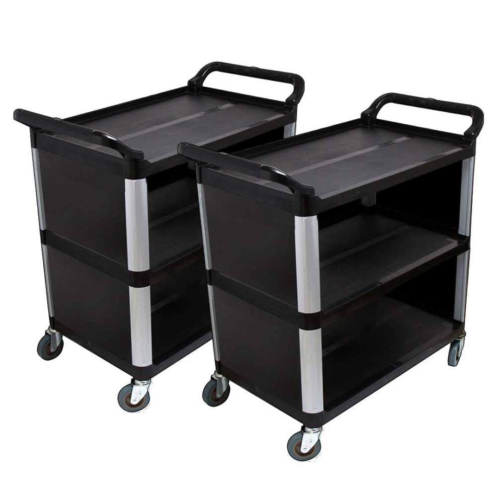 1-SOGA 2X 3 Tier Covered Food Trolley Food Waste Cart Storage Mechanic Kitchen Black