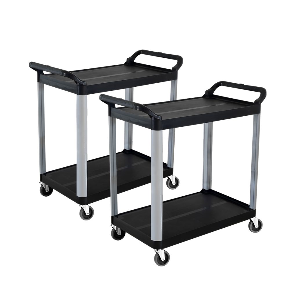 1-SOGA 2X 2 Tier Food Trolley Portable Kitchen Cart Multifunctional Big Utility Service with wheels 950x500x640mm Black