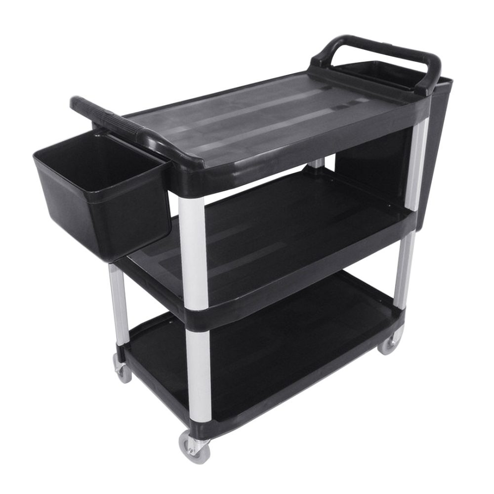 1-SOGA 3 Tier Food Trolley Food Waste Cart With Two Bins Storage Kitchen Black Large