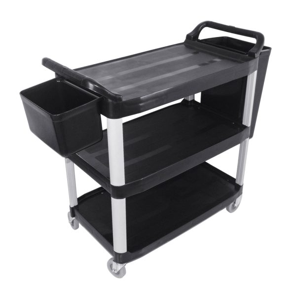 1-SOGA 3 Tier Food Trolley Food Waste Cart With Two Bins Storage Kitchen Black Large