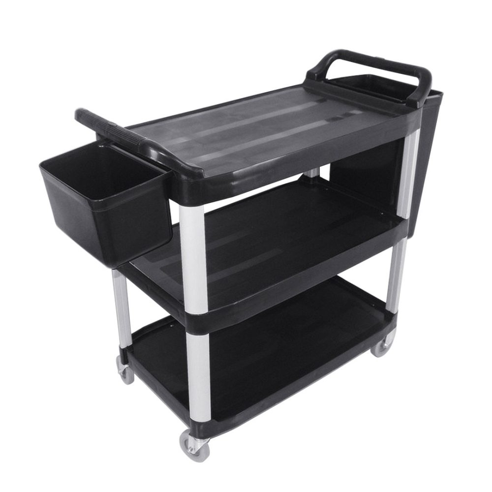 1-SOGA 3 Tier 83x43x95cm Food Trolley Food Waste Cart With Two Bins Storage Kitchen Black Small