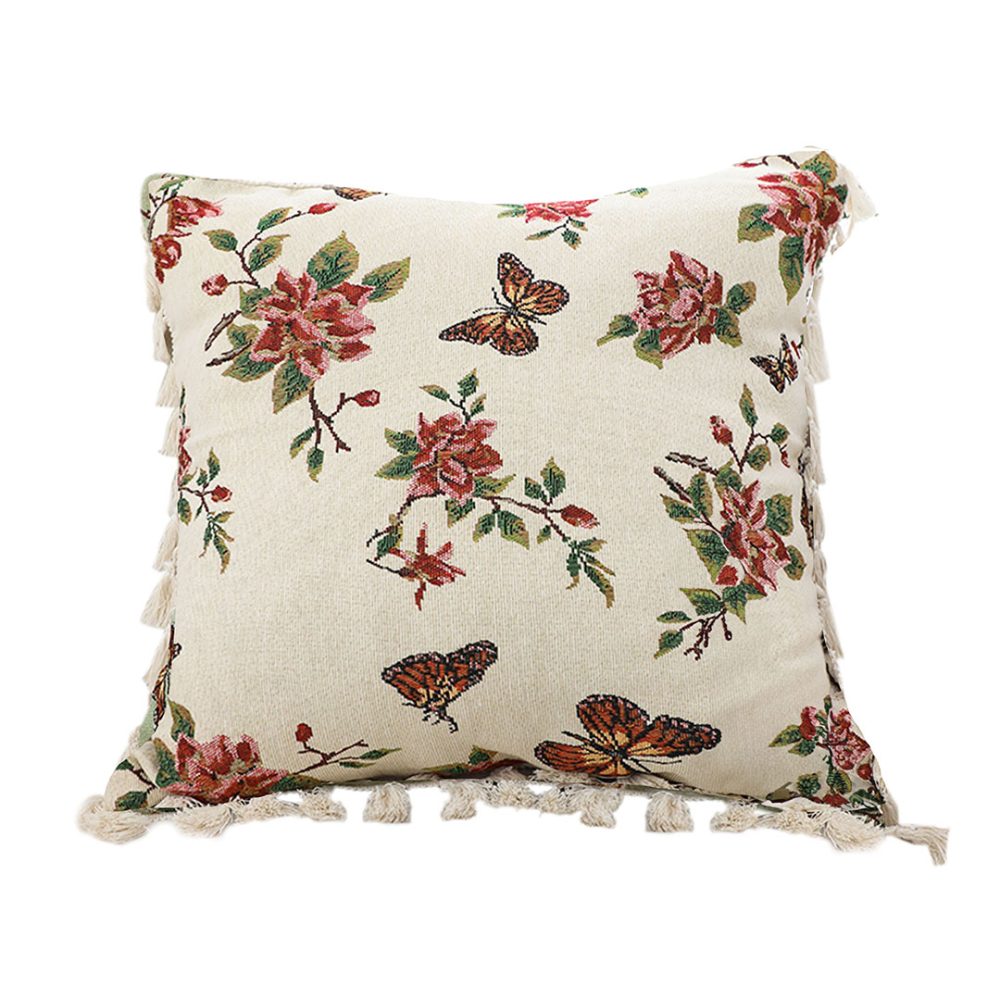 1-SOGA 45cm Creamy White French Vintage Butterfly Loves Flowers Tassel Throw Pillow