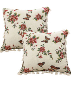 1-SOGA 2X 45cm Creamy White French Vintage Butterfly Loves Flowers Tassel Throw Pillow