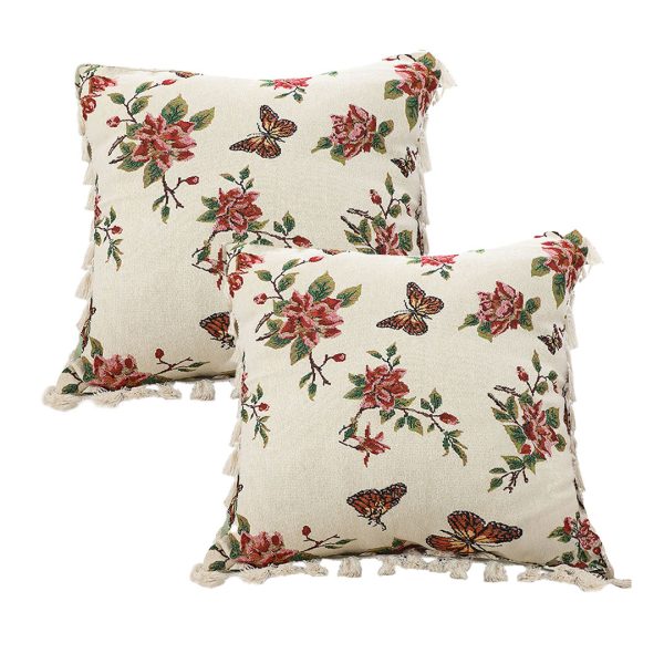 1-SOGA 2X 45cm Creamy White French Vintage Butterfly Loves Flowers Tassel Throw Pillow