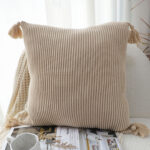 2-SOGA 45cm Off-White Wabi-Sabi Raised Pillow Cotton Striped Large Tassel Square Throw Pillow