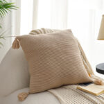 4-SOGA 2X 45cm Off-White Wabi-Sabi Raised Pillow Cotton Striped Large Tassel Square Pillow Throw Pillow