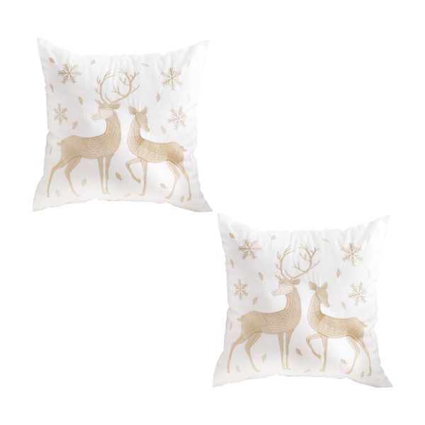 1-SOGA 2X 45cm Throw Pillow White with Golden Christmas Reindeer Festive Cushion for Cozy Winter Decor